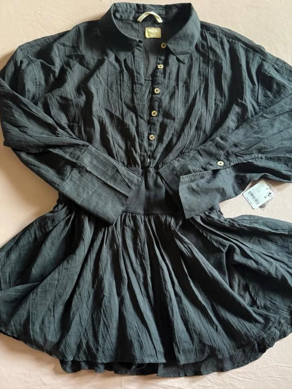 NWT Free People Black Button-Front Smocked Waist Romper